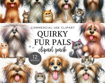 Eigenzinnige honden en katten clipart, grappige dieren illustraties voor sublimatie en papier ambachten, schattige puppy en kitten png, grillige kinderkunst decor.