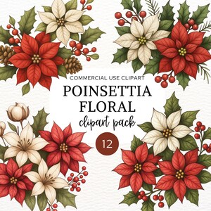 Poinsettia Florals Clipart, Watercolor Christmas Flowers PNG, Red & White Festive Bouquet, Commercial Use, CA15