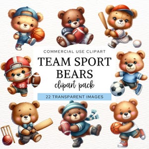 テディベア チーム スポーツ クリップアート、水彩画のクマが野球、ラグビー、フットボール、サッカー、クリケット、バスケットボール、グリッドアイアン クリップアートをプレイ、CA6