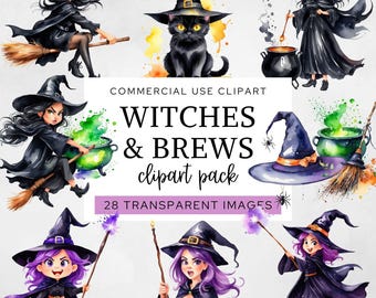 Clipart heks, schattige Halloween-png's, heks op bezemsteel illustraties, spookachtige grillige ontwerpen, printables Halloween-feest, commercieel gebruik, CA14