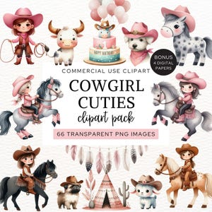 Cute Little Cowgirl Clipart, Pink Rodeo Birthday Party Decor, Wild West PNG, Girl&#39;s Baby Shower, Little Cowgirls Nursery, Western Kids, CA6