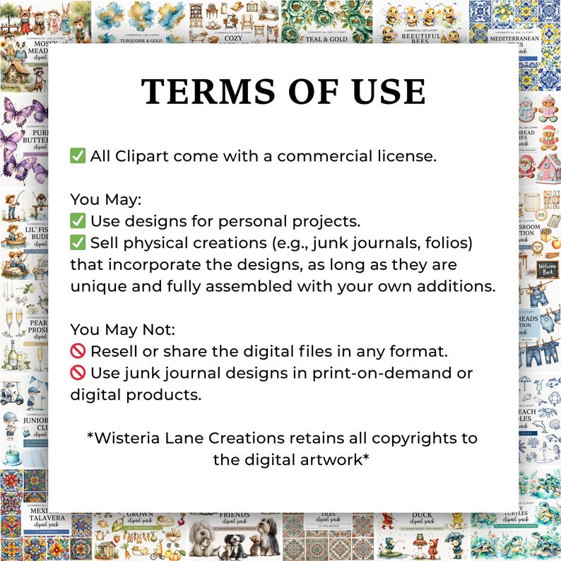 May include: A white background displays the text "TERMS OF USE" and bulleted points about commercial licenses, personal projects, and selling physical creations. The text also details what is not allowed, such as reselling digital files.