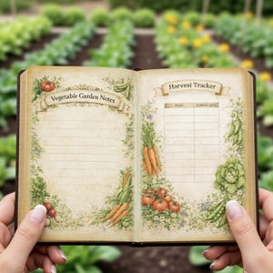 May include: An open journal with cream-colored pages featuring the text Vegetable Garden Notes and Harvest Tracker. The pages are decorated with illustrations of carrots, tomatoes, corn, peas, and lettuce. The journal has a dark brown cover.