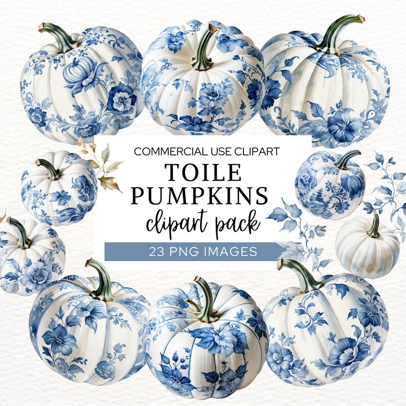 Vintage Toile Pumpkins Clipart, Blue & White Toile De Jouy Designs ...