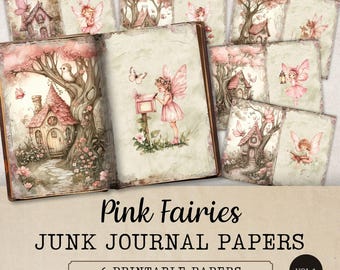 Fairy Junk Journal Pages, Pink Fairies Printable Papers, Enchanted Garden Ephemera, Fantasy Scrapbook Pages, Paper Crafts, Collage, JJ004