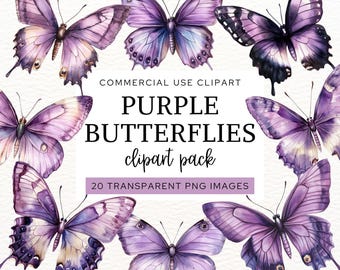 Puede incluir: Una colección de mariposas moradas de estilo acuarela dispuestas alrededor de un recuadro blanco central que contiene el texto: COMMERCIAL USE CLIPART PURPLE BUTTERFLIES clipart pack 20 TRANSPARENT PNG IMAGES. Las mariposas presentan varios tonos de morado.