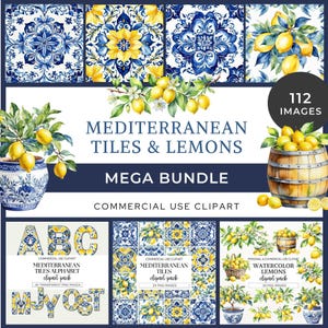 Mediterrane tegels clipart megabundel, aquarel citroenen, Portugese blauwe en witte tegels, Marokkaans Italiaans Spaans Grieks tegels, bruiloft