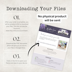 May include: An instructional digital download guide titled Downloading Your Files, featuring three numbered steps, a notice that no physical product will be sent, and a Wisteria Lane Creative order summary page with a link to access files in Google Drive.