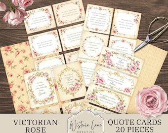 Viktorianische Rose Journal Zitat Karten, Vintage Scrapbook Kit, druckbare Blumen Ephemera zum Basteln und Journaling, Inspiration, JJ316