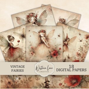 Papéis digitais vintage de fadas, páginas para impressão de álbuns de recortes de fadas, itens efêmeros de diário, papel para colagem de aquarela, fundos para scrapbooking.
