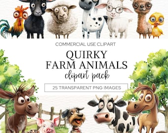 May include: A digital collection of farm animal illustrations featuring a rooster, black goat, sheep, spotted horse, goat with glasses, llama, chick, donkey, mouse, pig, dog, cow, horse, and hedgehog with the text COMMERCIAL USE CLIPART QUIRKY FARM ANIMALS.