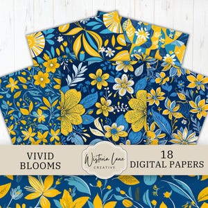 Blue and Yellow Floral Seamless Patterns, Printable Blue and Gold Floral Scrapbook Digital Papers, Colorful Flower Sublimation Designs.