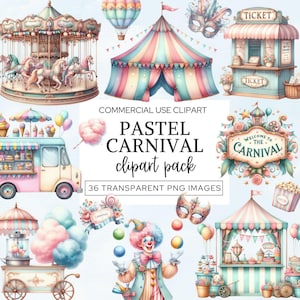 Pastell Karneval Clipart, Vergnügungspark Png, Aquarell Karussell Grafiken, Zirkus Clowns, Freizeitpark Zuckerwatte, kommerzielle Nutzung.