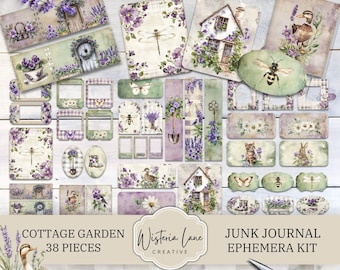 May include: A collection of 38 paper ephemera pieces for junk journaling featuring cottage garden themes with purple flowers, bees, dragonflies, ducks, cats, rabbits, and houses. The set includes tags, frames, and labels with the text Wisteria Lane Creative.