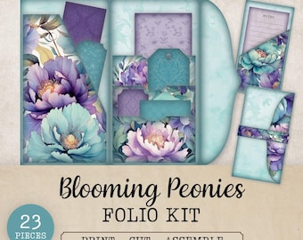 Bloeiende pioenrozen Junk Journal Folio Kit, afdrukbaar gevouwen folio met bloemen, gevouwen folio met bloemen, ephemera pioenroos, papieren ambachtelijke dagboekpapier, JJ323