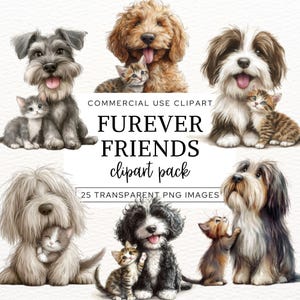 Melhores amigos de cães e gatos, pacote de clipart de amizade, cães e gatos fofos em aquarela, diário de lixo, scrapbooking, criação de cartões.