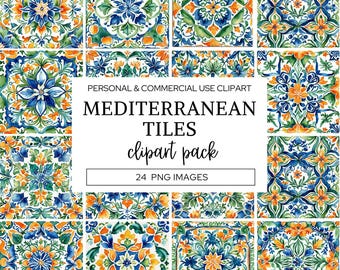 May include: A digital collection of 24 square tiles featuring watercolor floral and geometric patterns in blue, orange, and green. The central text reads: PERSONAL & COMMERCIAL USE CLIPART MEDITERRANEAN TILES clipart pack 24 PNG IMAGES.
