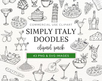 Imágenes prediseñadas de garabatos italianos, arte lineal mediterráneo dibujado a mano, imágenes prediseñadas de comida y bebida italiana, PNG de fiesta toscana, SVG de garabatos de Simply Italy, CA17