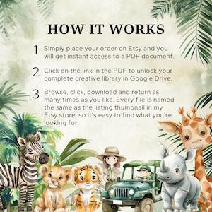 May include: An illustrated image with the text "HOW IT WORKS" at the top. The image features a zebra, lion cubs, a tiger cub, a safari jeep, a rhino, and a giraffe. The text explains the steps to access a PDF document and creative library.