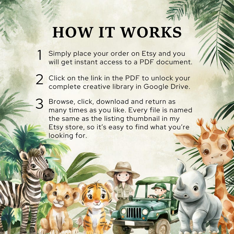 May include: An illustrated image with the text "HOW IT WORKS" at the top. The image features a zebra, lion cubs, a tiger cub, a safari jeep, a rhino, and a giraffe. The text explains the steps to access a PDF document and creative library.