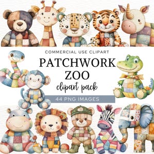 Clipart dierentuindieren, aquarel safaridieren png, schattige babyshower kunst, patchwork knuffels, commercieel gebruik, CA6
