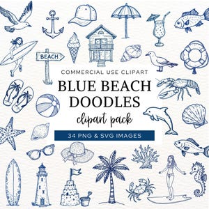 Beach Doodles Clipart, Sea You Soon Baby Shower, Hand Drawn Summer Doodle PNG, Ocean Surfing SVG, Boho Coastal Line Art, Seaside Shell, CA12