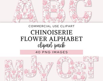 Alfabeto em estilo Chinoiserie com flores, letras e números florais em estilo shabby chic, monograma vintage rosa toile em formato PNG digital, para uso comercial.
