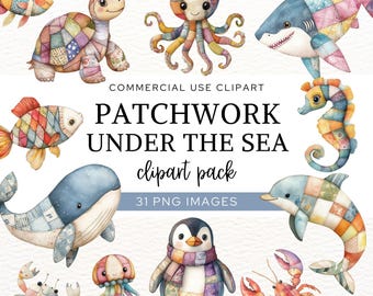 Sea Animals Clipart, Under the Sea Clip Art, Patchwork Stuffed Toys Art for Nursery, Watercolor Ocean Creatures,  Commercial Use, CA6