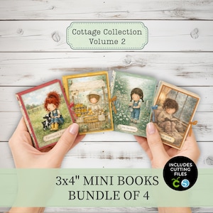 Op de afbeelding: Een set van vier 3x4 inch miniboekjes getiteld Cottage Collection Volume 2, met geïllustreerde covers van een kind met een geit, een imker, een tuinman en een lezer, en een zwarte badge met de tekst Includes Cutting Files.