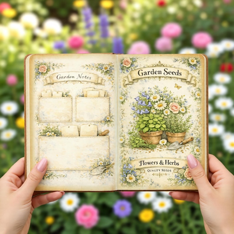 May include: An open book with cream-colored pages featuring floral borders. The left page is titled Garden Notes with blank rectangular spaces. The right page is titled Garden Seeds, Flowers & Herbs, displaying illustrations of potted plants.