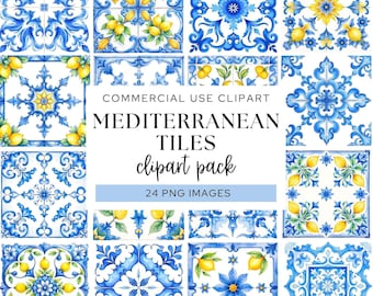 May include: A collection of square tiles featuring blue and white floral patterns and yellow lemon motifs. The central text reads: COMMERCIAL USE CLIPART MEDITERRANEAN TILES clipart pack 24 PNG IMAGES. The tiles display various symmetrical designs.
