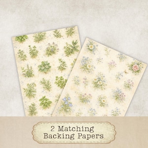 May include: Two rectangular sheets of decorative paper featuring a cream-colored background. One sheet displays a pattern of various green herbs, while the other features a floral pattern with small blue, white, and pink flowers and greenery.