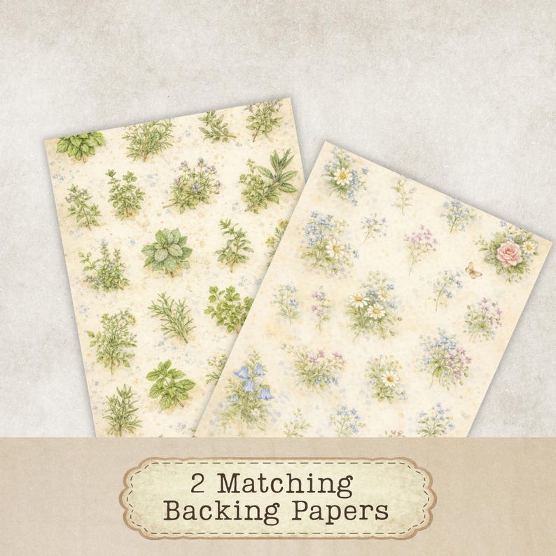 May include: Two rectangular sheets of decorative paper featuring a cream-colored background. One sheet displays a pattern of various green herbs, while the other features a floral pattern with small blue, white, and pink flowers and greenery.