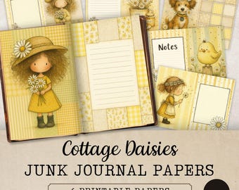 Papeles para diarios de recortes Cottage Daisies, kit de páginas imprimibles estilo cottagecore para diarios y manualidades de scrapbooking, JJ333