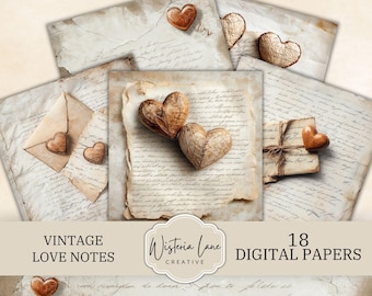 Vintage Love Notes Digital Papers, Old Handwritten Love Letter Pages for Scrapbooking and Junk Journal Kits, Printable Antique Love Letters