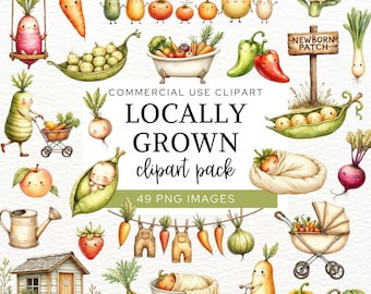 Locally Grown Baby Shower Clipart, Fun Fruit and Veggie PNGs, Cute Watercolor Vegetable Clip Art, Little Sprout, Farmers Market Produce.