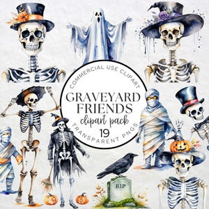 Clipart amis cimetière Halloween, invitation à une fête, fantômes squelettes fantasmagoriques et momies, créations en papier et invitations, PNG transparent, CA14