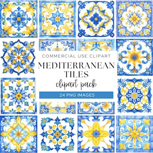 Mediterranean Tiles Clipart, Watercolor Tiles Clip Art, Portuguese Azulejo Ceramic Tile, Italian Wedding, Blue and Yellow Tile Pattern, CA17