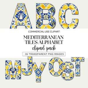Clipart de alfabeto de azulejos mediterrâneos, letras azuis e amarelas em aquarela, azulejos portugueses, fonte da Costa Amalfitana, uso comercial PNG