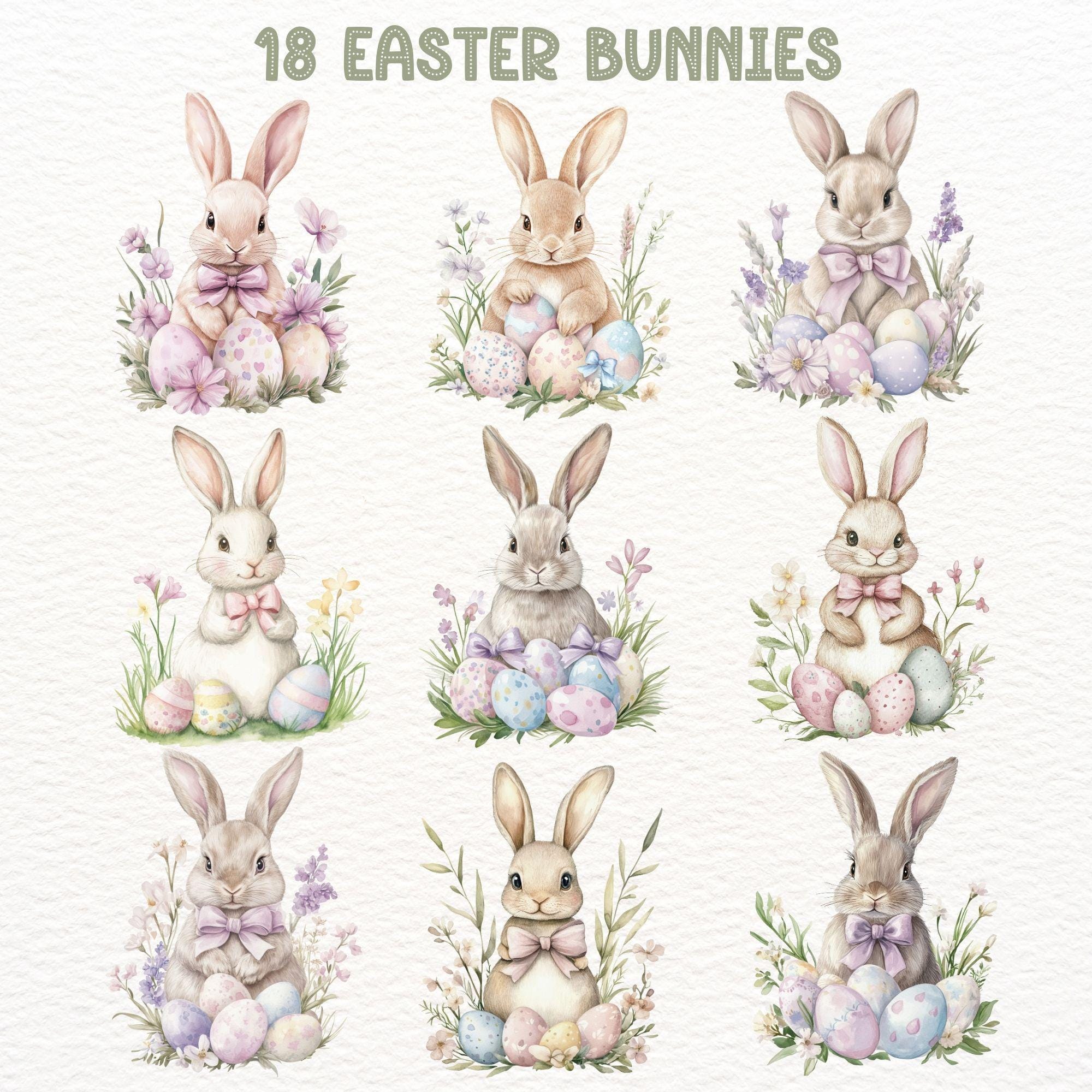 Watercolor Easter Bunny Clipart, Cute Bunnies Eggs & Spring Flowers ...