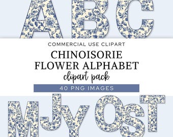 Alfabeto chinoiserie de flores, letras y números PNG de Toile azul vintage, monograma floral Shabby Chic para uso comercial.