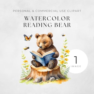 Lese Bär Clipart PNG, Wald Teddy Bär liest ein Buch, Aquarell Kinderzimmer Kunst, süße Scrapbook & Junk Journal Illustrationen, Bücherwurm.