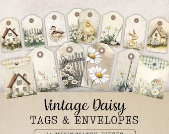Vintage Daisy Envelopes and Printable Tags for Junk Journals, Daisy Junk Journal Kit, Digital Ephemera, Printable Paper Craft Supplies JJ306