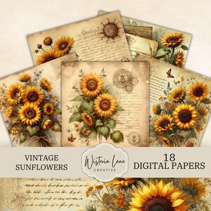 Vintage Sunflowers Digital Papers, Floral Backgrounds, Printable Flower Scrapbook Pages, Junk Journal Ephemera, Paper Craft, Collage, DP014