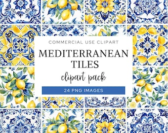 Mediterranean Tiles, Watercolor Lemons Clipart, Portuguese Azulejo Ceramic Tiles, Moroccan, Commercial License, Blue & White Digital Paper.