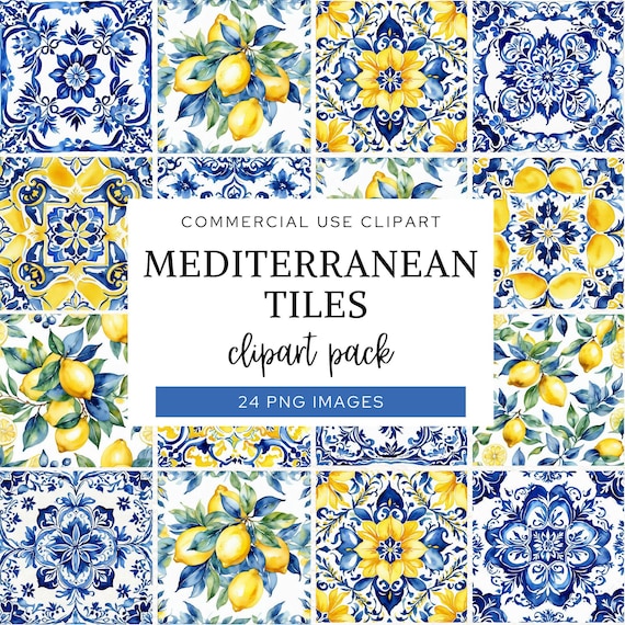 Mediterranean Tiles, Watercolor Lemons Clipart, Portuguese Azulejo Ceramic Tiles, Moroccan, Commercial License, Blue & White Digital Paper.
