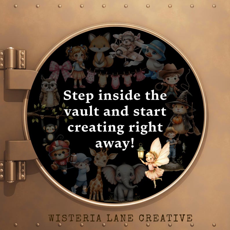 May include: A circular illustration featuring various cartoon animals and characters, including a fox, owl, and giraffe, within a black circle. Text reads "Step inside the vault and start creating right away!" The Wisteria Lane Creative logo is at the bottom.