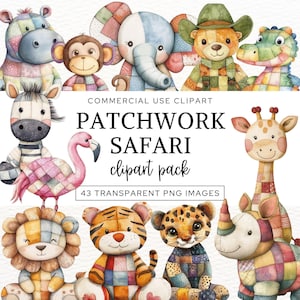 Ensemble de cliparts Safari en patchwork, Clipart Safari dans la jungle, bébés animaux Safari, mignon pépinière Safari aquarelle éléphant girafe Lion Png