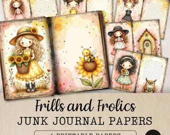 May include: A collection of six printable junk journal papers titled Frills and Frolics Vol 2. The pages feature watercolour illustrations of girls with sunflowers, bees, houses, and owls, alongside lined writing areas in yellow and pink tones.