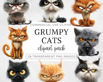 Grumpy Cats Clipart, Quirky Cats Clip Art, Watercolor Crazy Cats Png, Funny Animal Sublimation Designs,   Scrapbooking, Digital Download.